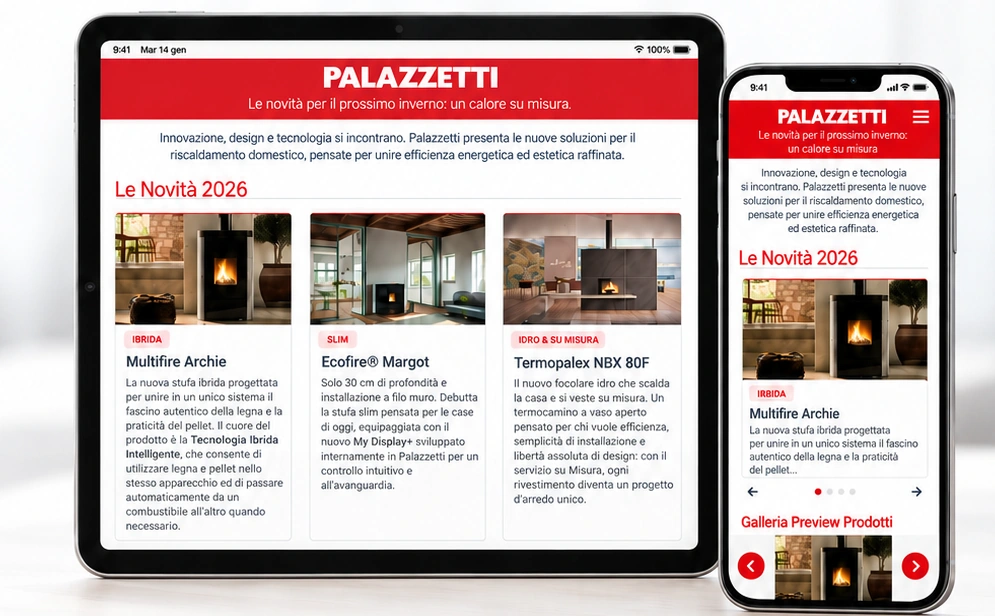 Il comunicato multimediale Palazzetti presentato su tablet e smartphone